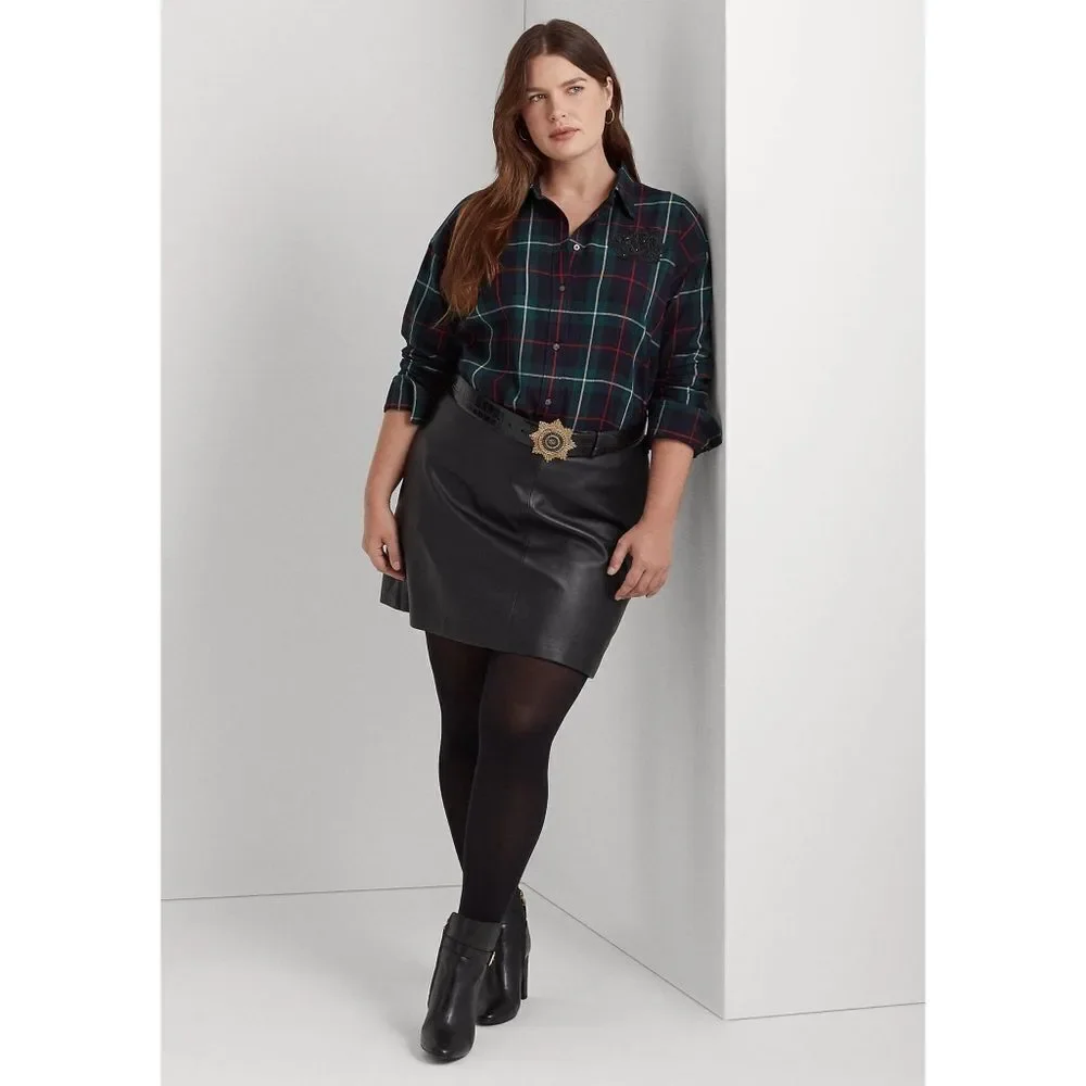 New! RALPH LAUREN Plus Size Lamb Leather Pencil Mini Skirt Black 14W Miniskirt